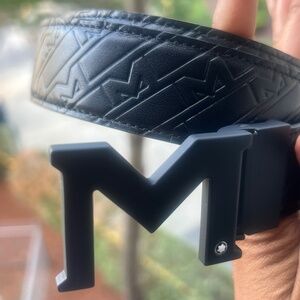 NEW MONTBLANC M BUCKLE EMBOSSED BLACK/PLAIN BLACK 35 MM REVERSIBLE LEATHER BELT